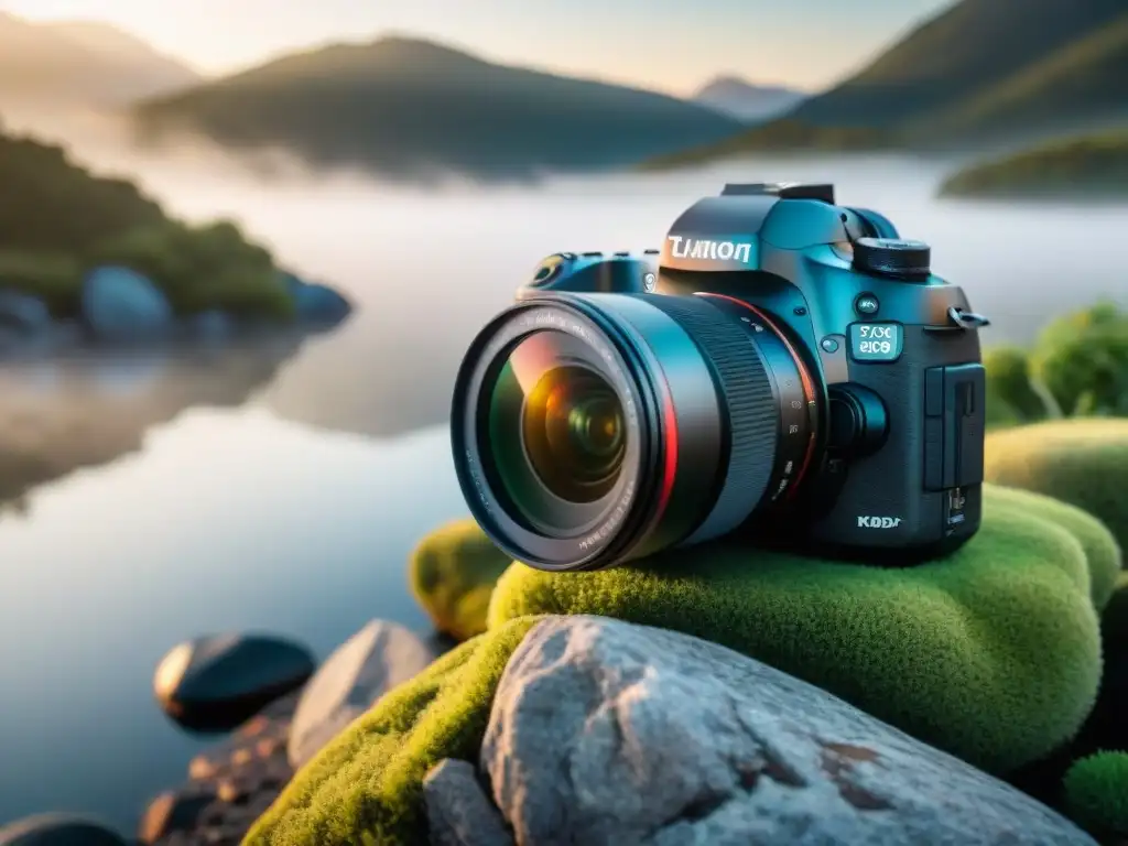 Cámara resistente en paisaje natural de Uruguay al amanecer Escena de camping en Uruguay: cámara resistente capturando el amanecer en un lago sereno