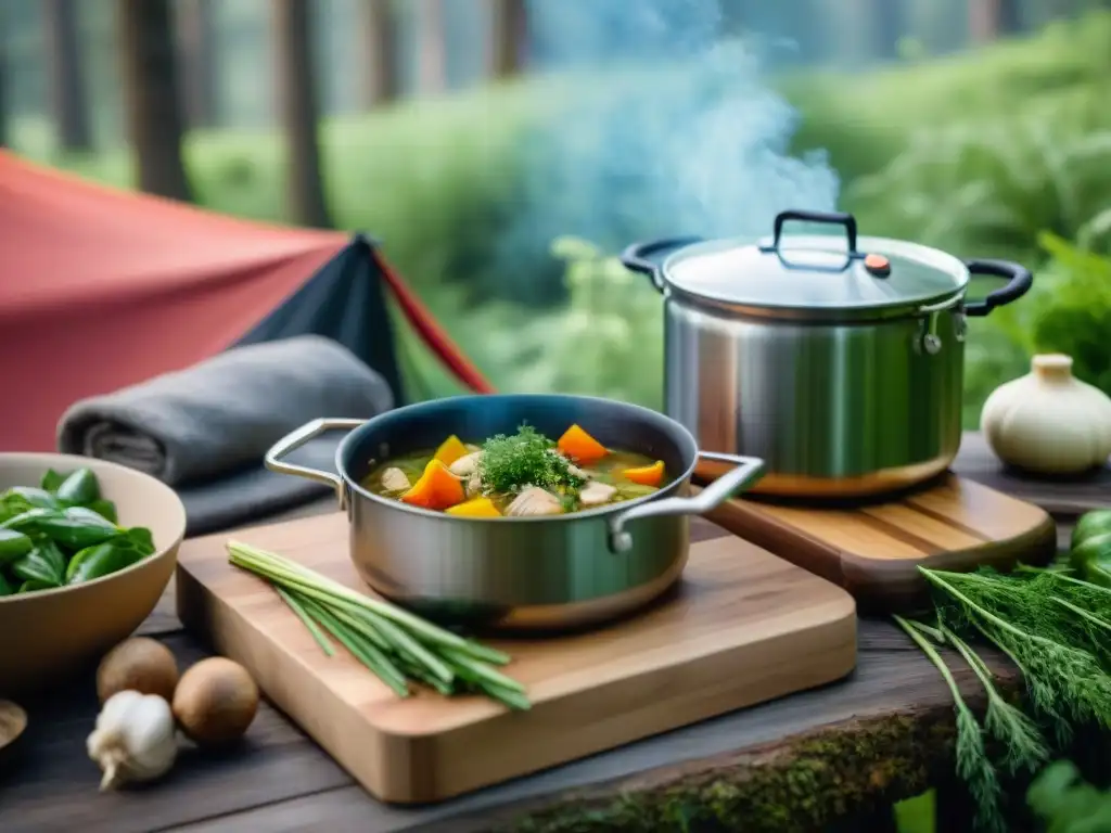Escena de camping rústica con una olla de sopa al fuego