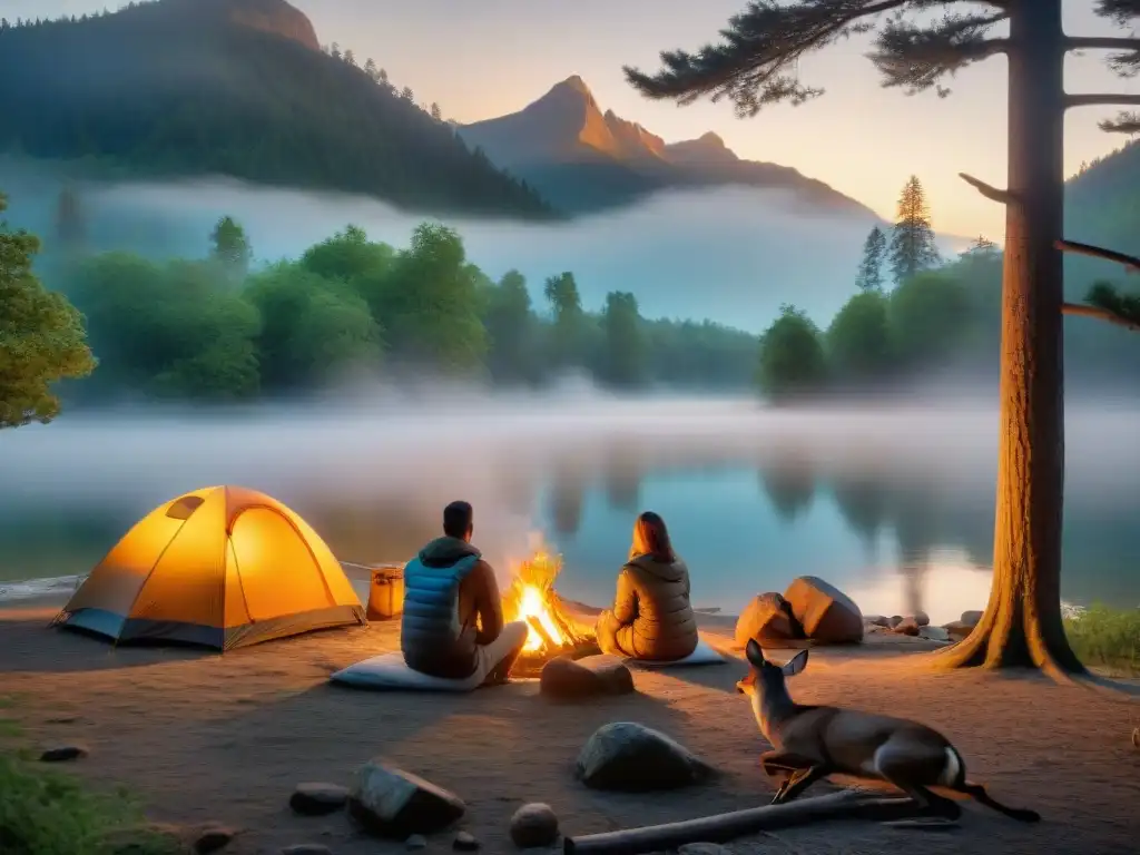 Encuentro armonioso: campamento al atardecer con familia de ciervos Escena de camping serena al atardecer con interacción entre campistas y familia de ciervos