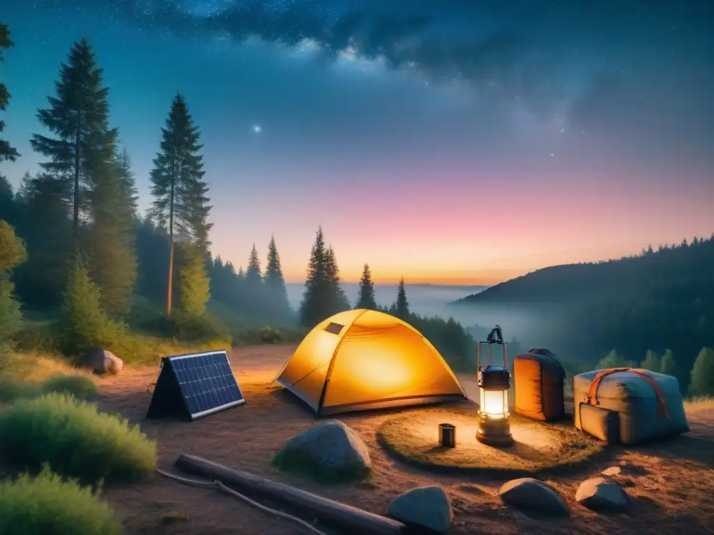 Armonía tecnológica en el camping al atardecer Escena de camping serena al anochecer, con paneles solares portátiles para camping iluminando gadgets en la naturaleza nocturna