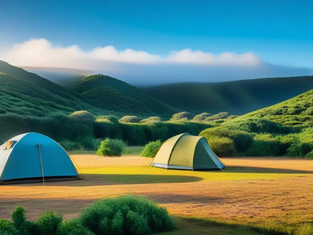 Camping sostenible en Uruguay: armonía ecofriendly en la naturaleza Escena de camping sostenible en Uruguay: tienda rodeada de paneles solares y contenedores de reciclaje, en armonía con la naturaleza