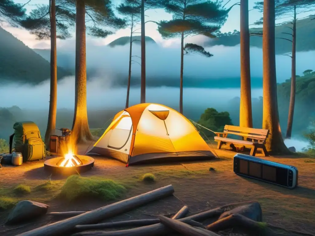 Campamento tecnológico en Uruguay: naturaleza y gadgets de alta tecnología Una escena de camping tecnológico en Uruguay: tienda moderna en bosque verde, campistas con gadgets alrededor de fogata