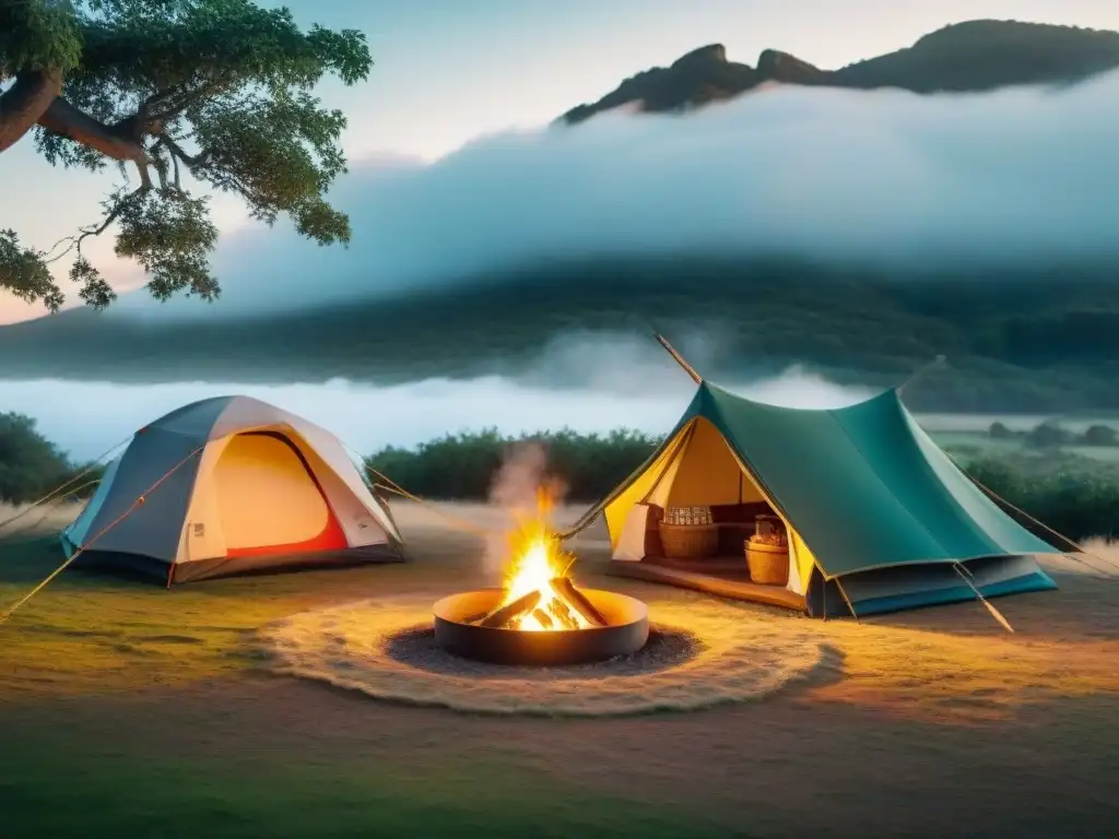 Campamento moderno en Uruguay: familia disfruta actividades al aire libre Escena de camping tradicional en Uruguay con equipos modernos y actividades al aire libre