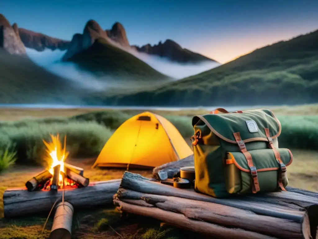 Campamento en la naturaleza: equipo de supervivencia organizado Escena campista en Uruguay: equipo y fogata bajo las estrellas