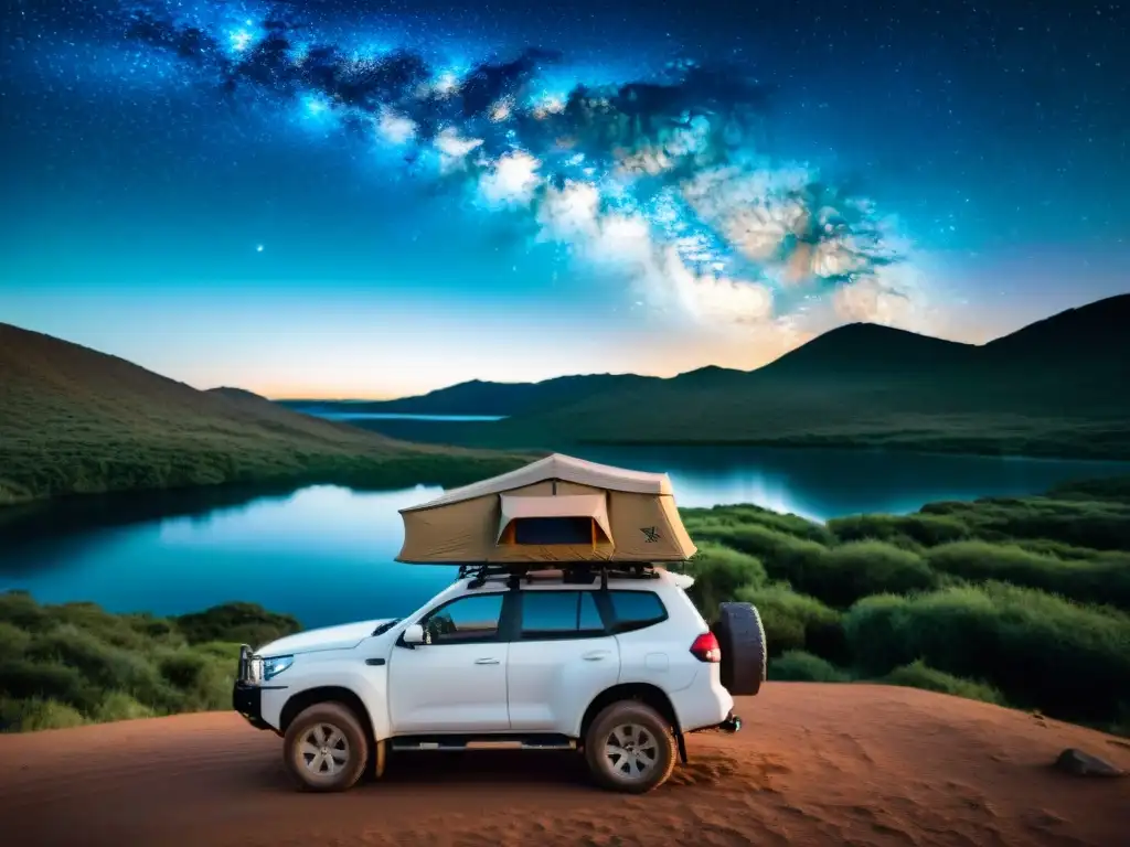 Vehículo todoterreno con tienda en Uruguay: camping bajo las estrellas Una escena cautivadora de camping con tiendas de techo en Uruguay bajo un cielo estrellado