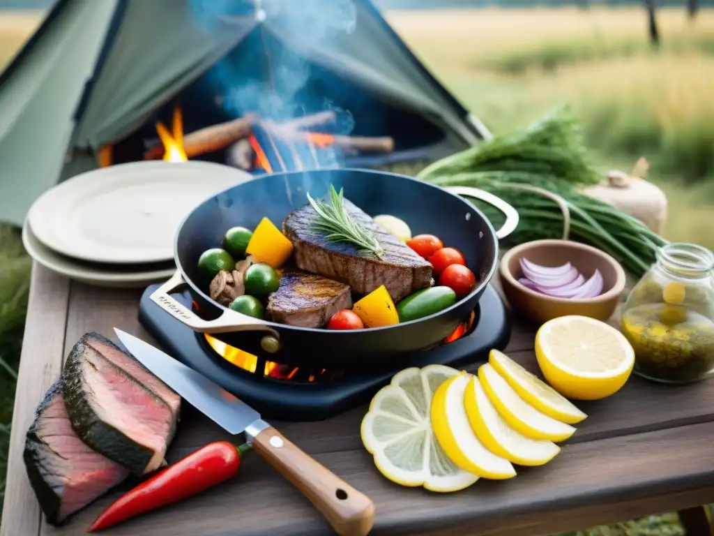 Cocina campesina en Uruguay: sabores naturales al aire libre Escena de cocina al aire libre en Uruguay con sabores intensos para comidas camping, en medio de la naturaleza exuberante