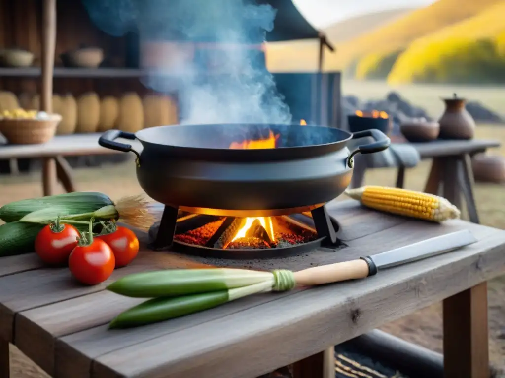 Cocina uruguaya al aire libre con horno de barro y fogata Escena de cocina con ingredientes locales en camping: horno de barro, olla sobre fuego abierto y mesa con maíz, tomates y hierbas al atardecer