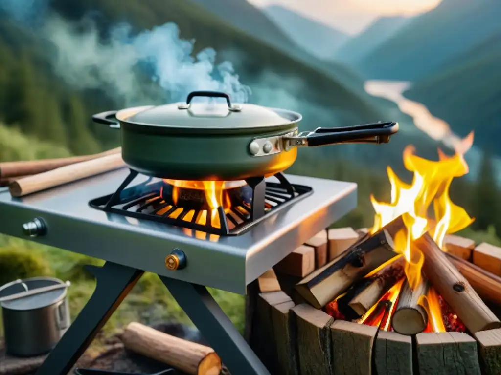 Cocina de camping en la naturaleza: estofado al fuego Escena de cocina portátil en camping: fogata encendida, olla de estofado, utensilios y bosque