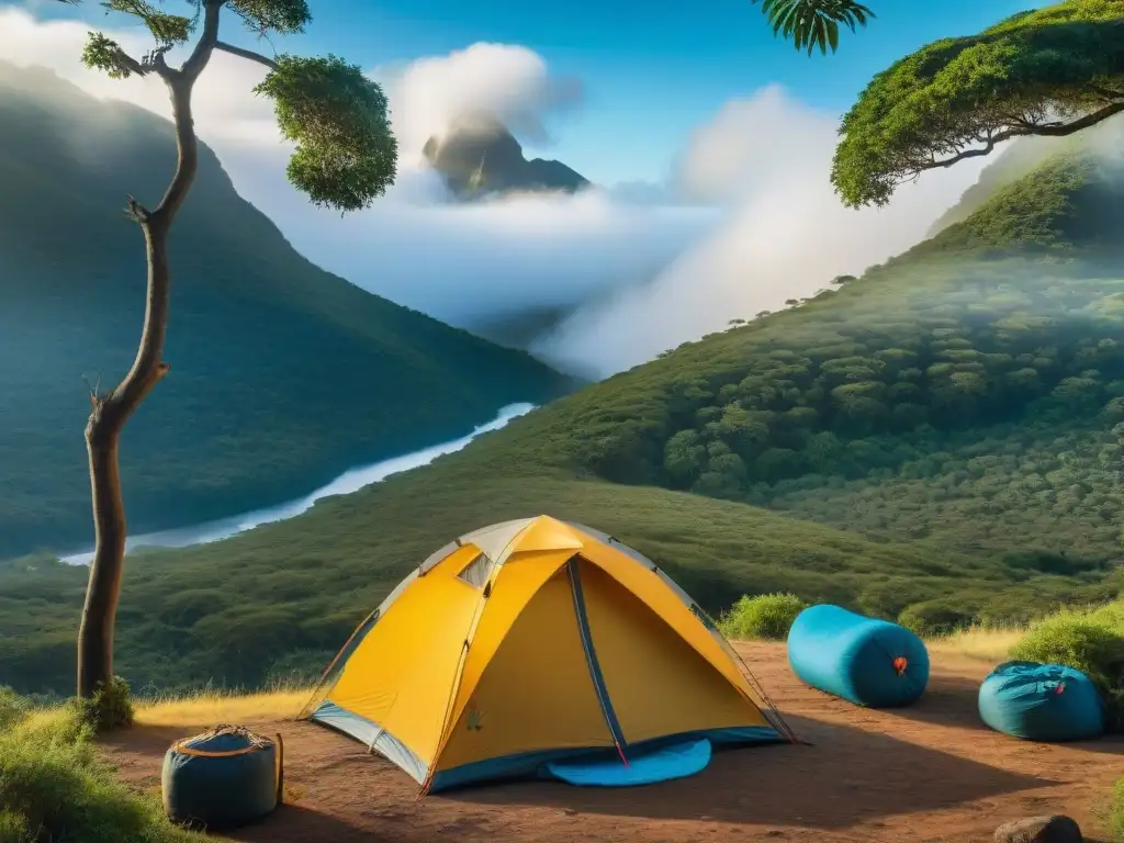 Campamento en la exuberante naturaleza de Uruguay Escena detallada de campamento en bosques de Uruguay, con tienda rodeada de naturaleza