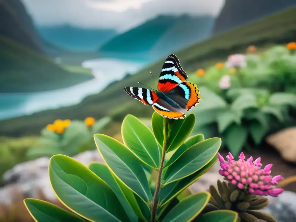 Maravillas naturales de Uruguay: flora, fauna y campamento Escena detallada de flora y fauna uruguaya en camping verde, con mariposa, ardilla y campistas usando apps de identificación