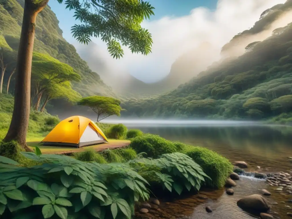 Campamento ecológico en el bosque: armonía y sostenibilidad en Uruguay Escena de ecocamping sostenible en Uruguay: campamento tranquilo en el bosque con tienda, arroyo y equipo ecológico