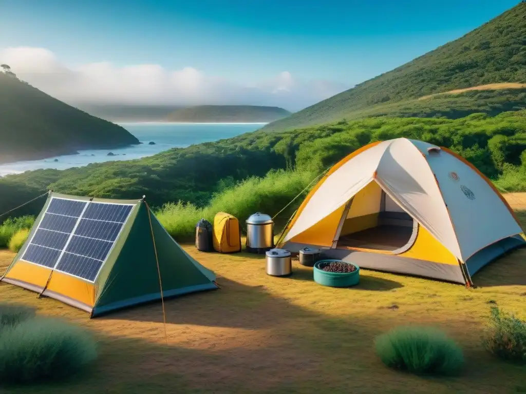 Campamento eco-sostenible en Uruguay: armonía con la naturaleza Escena eco-friendly de camping en Uruguay con familia y consejos minimizar residuos