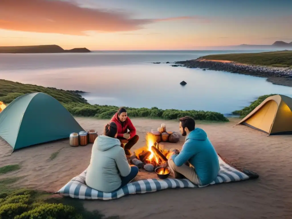 Campamento familiar al atardecer en Uruguay: mate, fogata y marshmallows Escena familiar en uno de los mejores sitios de camping en Uruguay, con fogata al atardecer y mates uruguayos compartidos