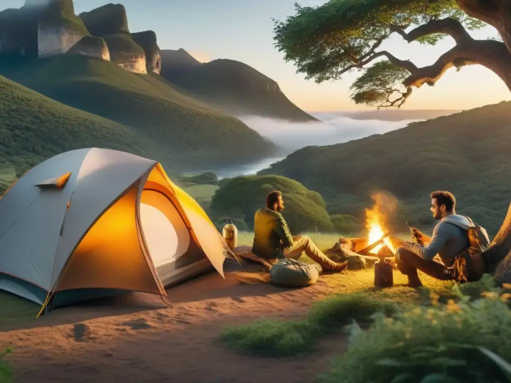 Campamento familiar en la naturaleza uruguaya al atardecer Una escena familiar montando una tienda de campaña en el campo uruguayo al atardecer