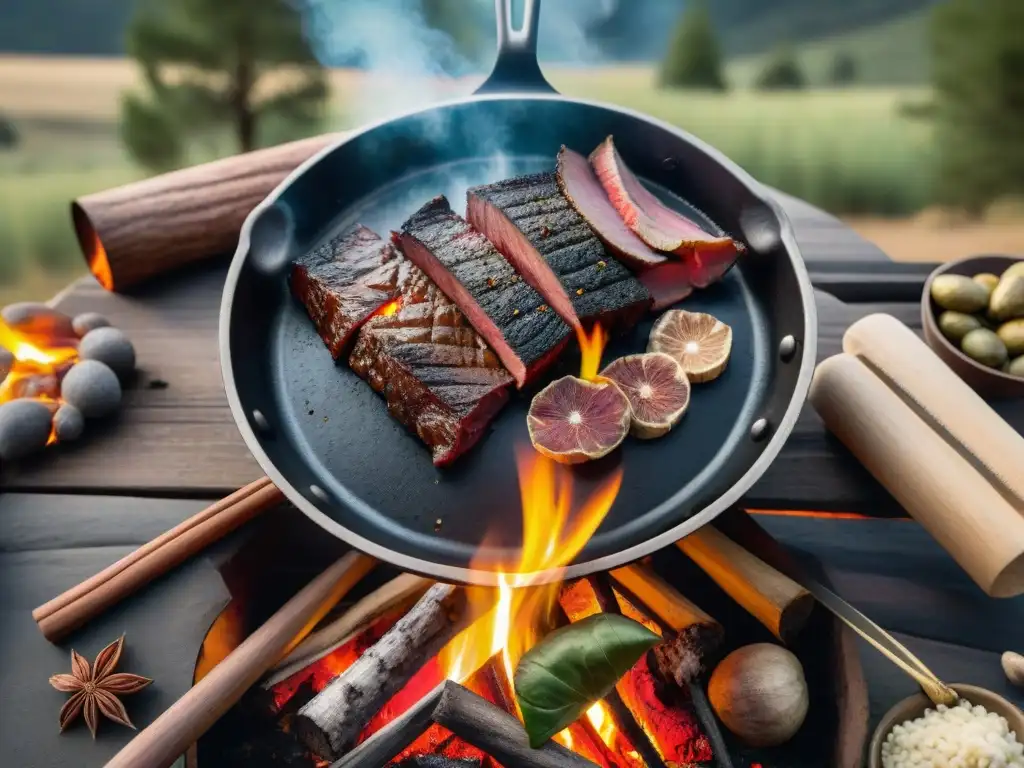 Campfire gourmet: preparando carne uruguaya en la naturaleza Escena de fogata en la naturaleza con carne seca Uruguaya cocinándose en sartén de hierro, rodeada de hierbas aromáticas