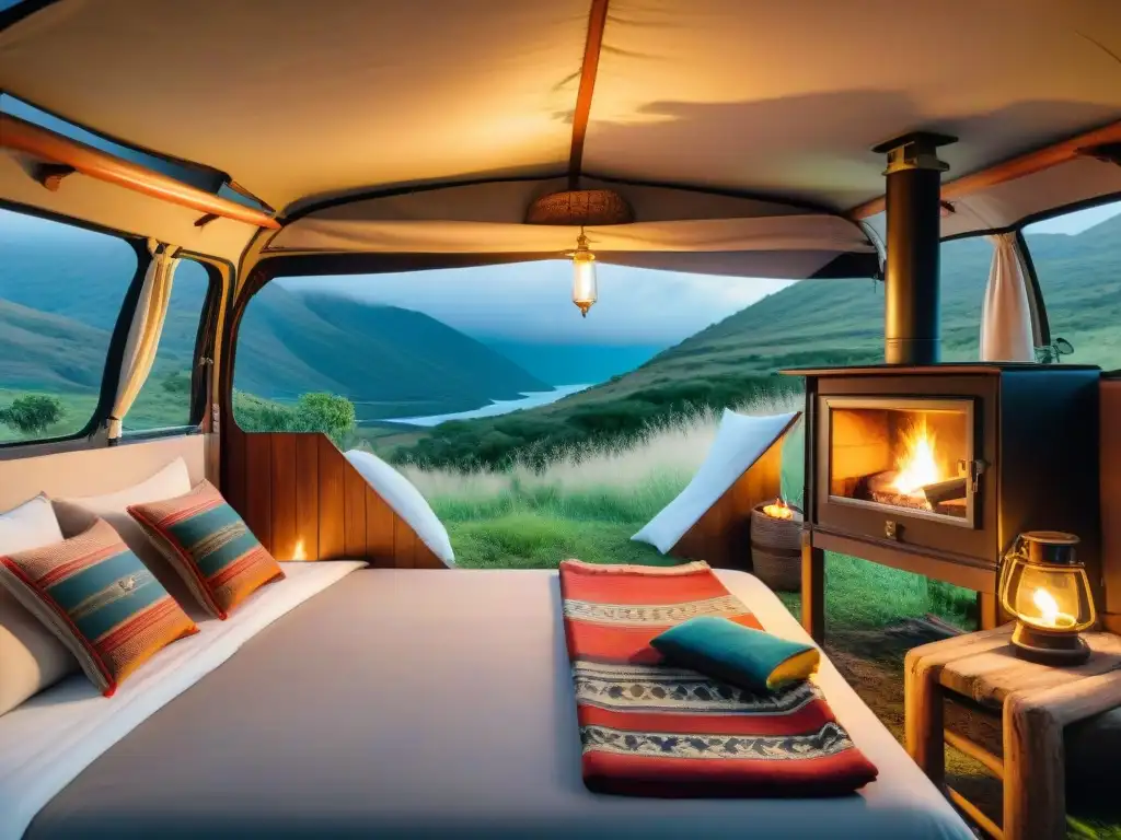 Glamping vintage en Uruguay: cultura y naturaleza Escena de glamping con estilo en Uruguay: acogedora camper vintage decorada con textiles tradicionales, mate y asado bajo las estrellas