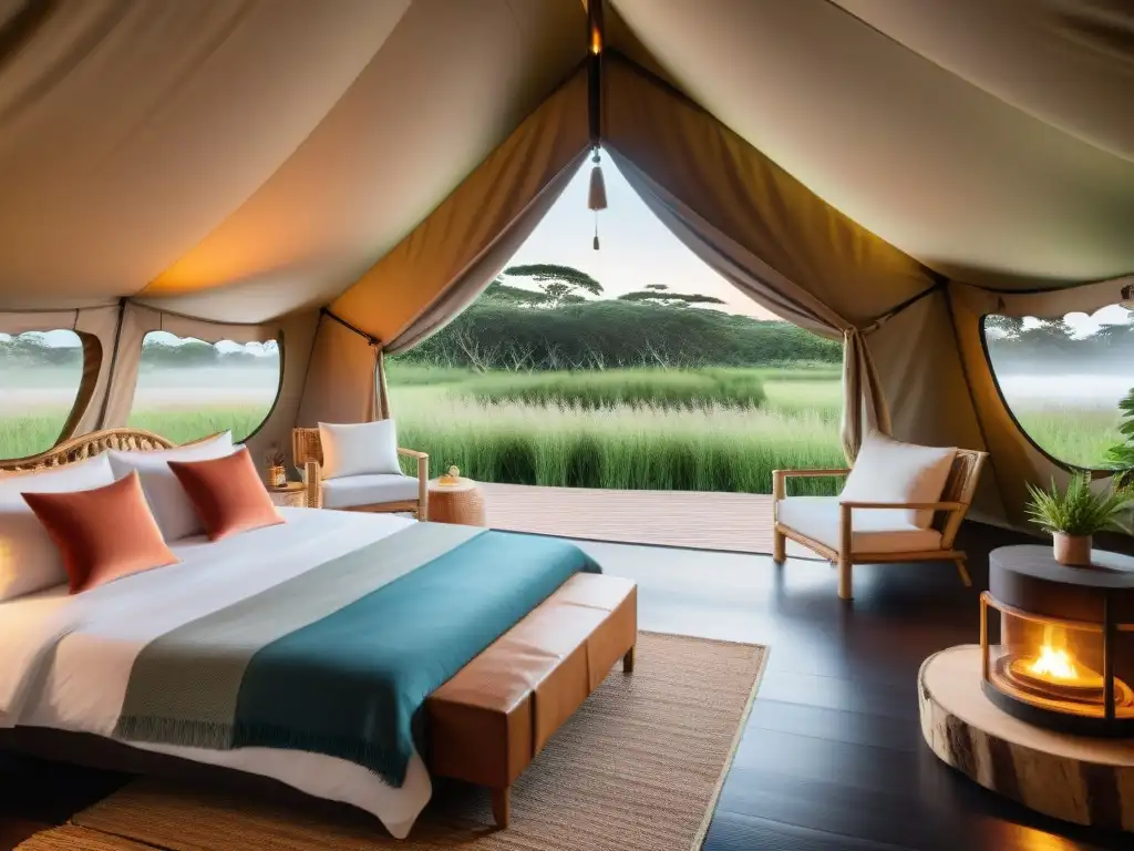 Glamping de lujo en Uruguay: Tents elegantes y naturaleza exuberante Escena de glamping de lujo en Uruguay con mobiliario elegante y natural en armonía con la naturaleza