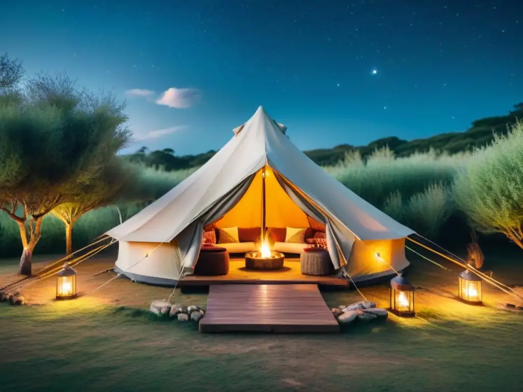 Experiencia culinaria de lujo en glamping uruguayo Escena de glamping en Uruguay con gastronomía tradicional, asado, empanadas y dulces de leche bajo las estrellas