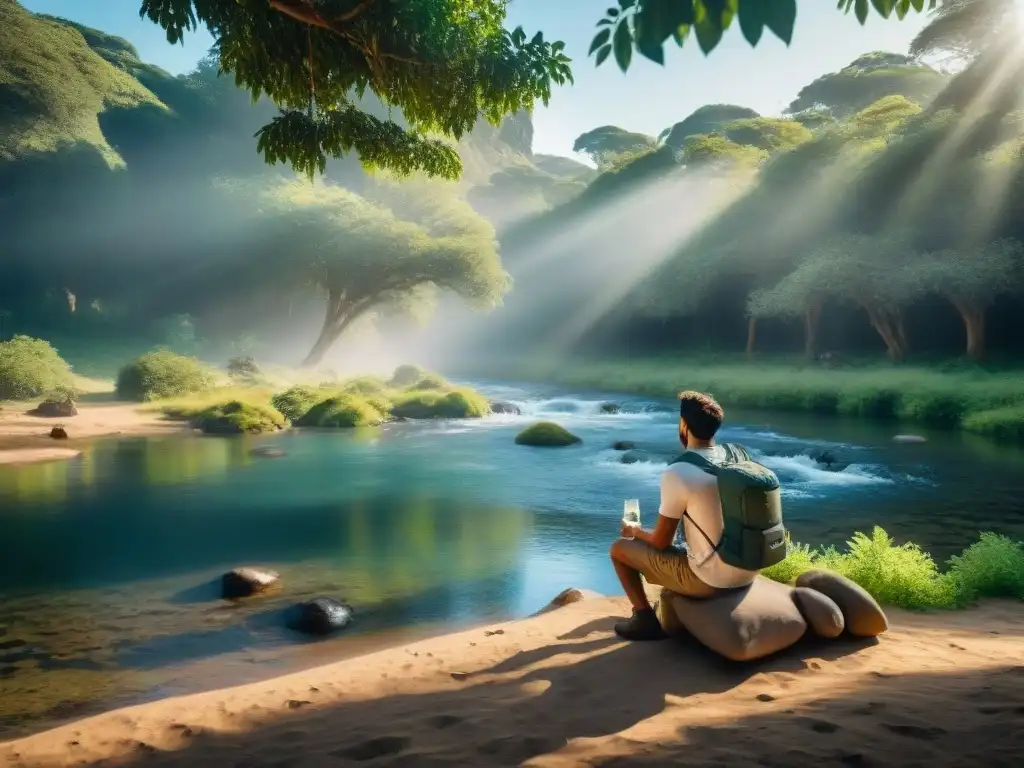 Campamento sereno en Uruguay: filtrando agua cristalina Escena idílica en Uruguay: campamento con filtro de agua de alta tecnología junto a arroyo