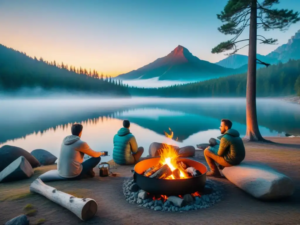 Cocinando pescado fresco al atardecer en un campamento junto al lago Escena idílica en camping junto al lago al atardecer, experto cocina pescado a la parrilla