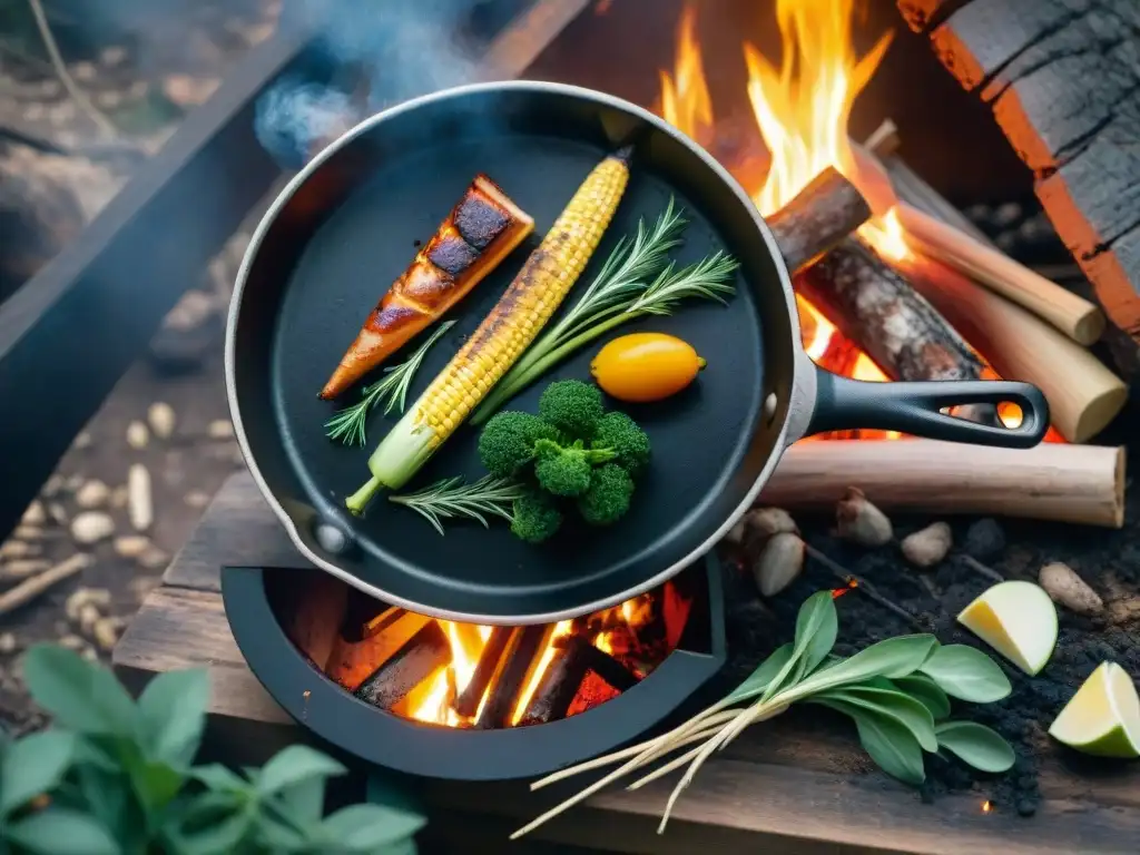 Cocina al aire libre en Uruguay: sartén de hierro sobre fuego Escena idílica de cocina al aire libre en Uruguay, con sartén de hierro sobre fogata y ingredientes tradicionales