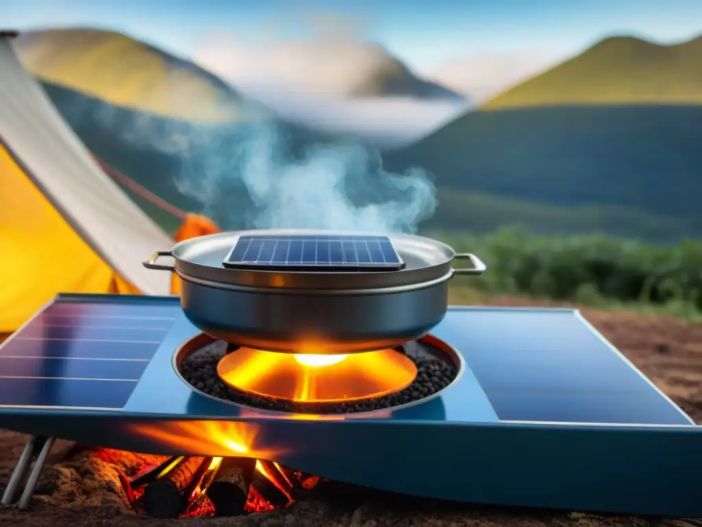 Cocina solar: tecnología sostenible en la naturaleza Escena idílica de cocina solar para camping en Uruguay con estufa moderna brillando al sol y comida humeante