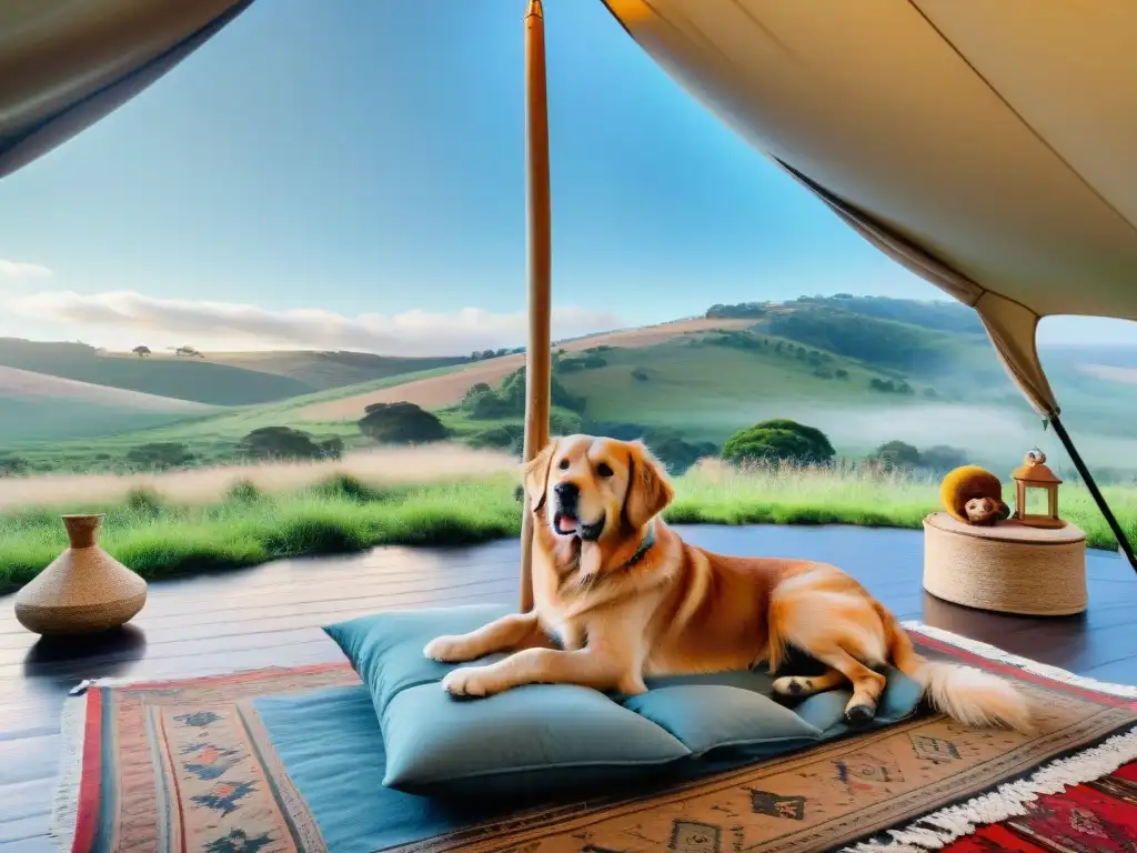 Refugio de lujo para perros en la campiña de Uruguay Escena idílica de glamping petfriendly en Uruguay con dos perros relajados en el interior de una lujosa tienda de campaña
