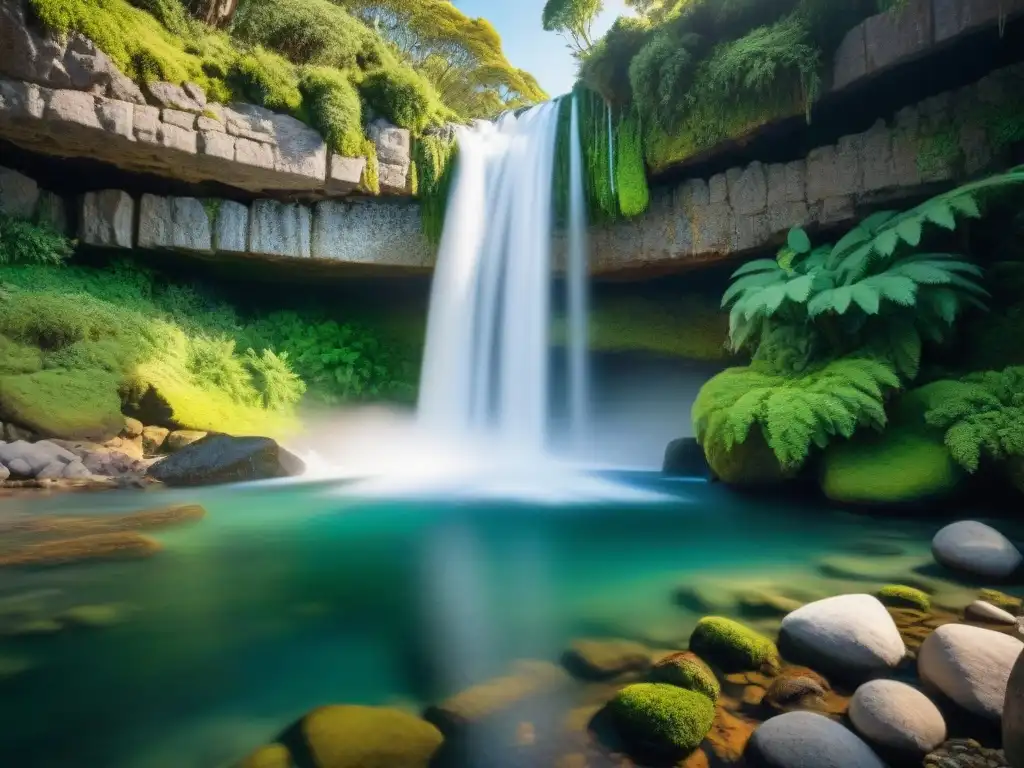 Manantial cristalino en bosque de Uruguay: pureza y serenidad Escena idílica de un manantial natural en Uruguay, con agua cristalina fluyendo entre rocas cubiertas de musgo en un entorno de exuberante vegetación