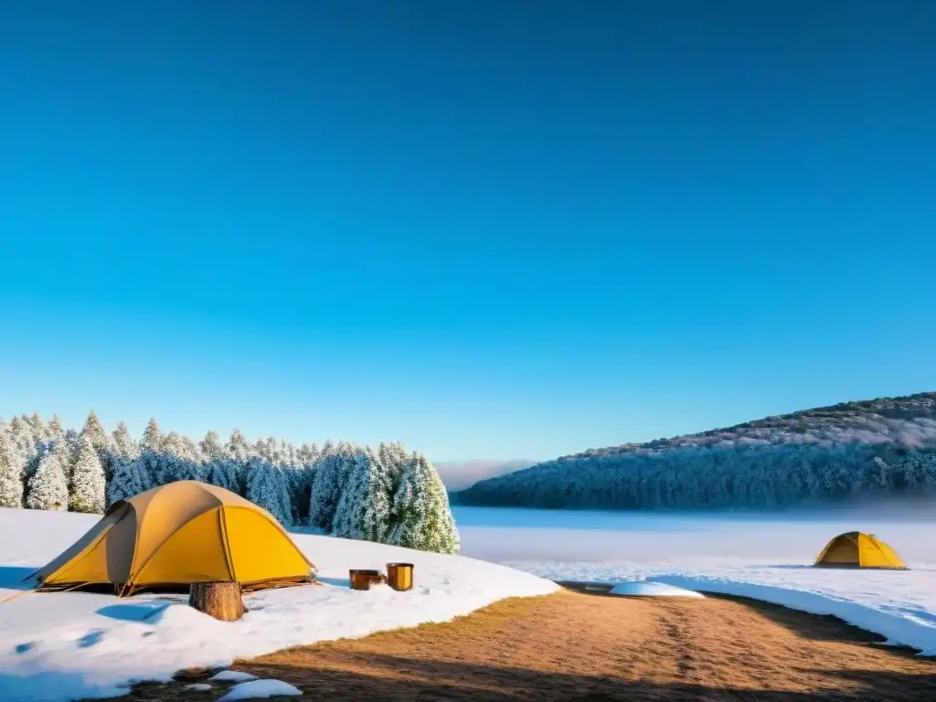Acampada invernal en Uruguay: Bosque nevado y fogata acogedora Escena invernal en Uruguay: un campamento acogedor entre árboles nevados con fogata