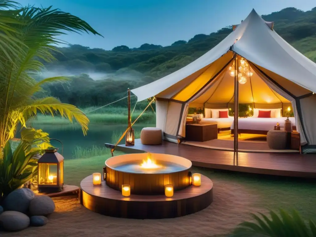 Retiro de glamping de lujo con spa portátil en Uruguay Escena lujosa de glamping en Uruguay con spa portátil rodeado de naturaleza exuberante y luces de hadas
