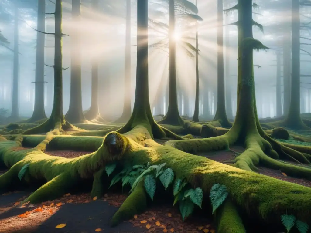 Amanecer mágico en el bosque neblinoso de Uruguay Escena mágica al amanecer en un bosque neblinoso de Uruguay