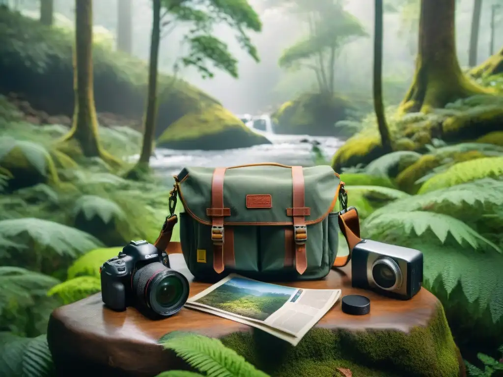 Equipo fotográfico en la naturaleza de Uruguay Escena mágica en el bosque de Uruguay: bolso de cámara con accesorios de fotografía derramados sobre una roca cubierta de musgo