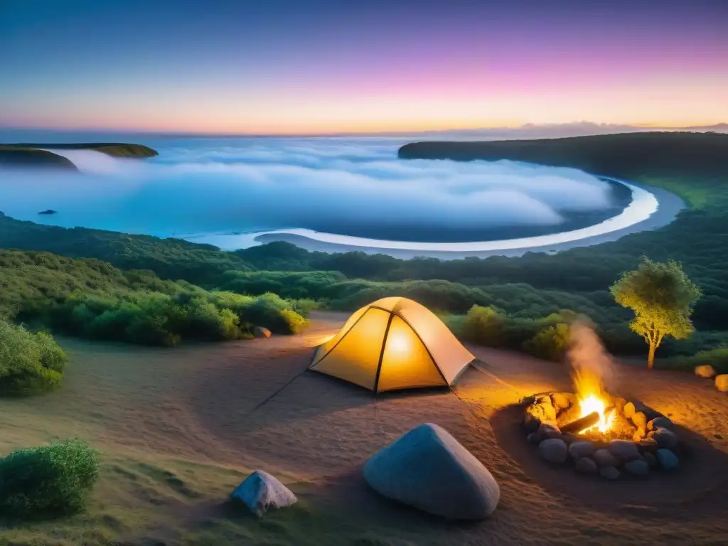 Camping mágico al atardecer en Uruguay Escena mágica de campamento en Uruguay al atardecer, con tienda acogedora iluminada, fogata y campistas disfrutando de la naturaleza