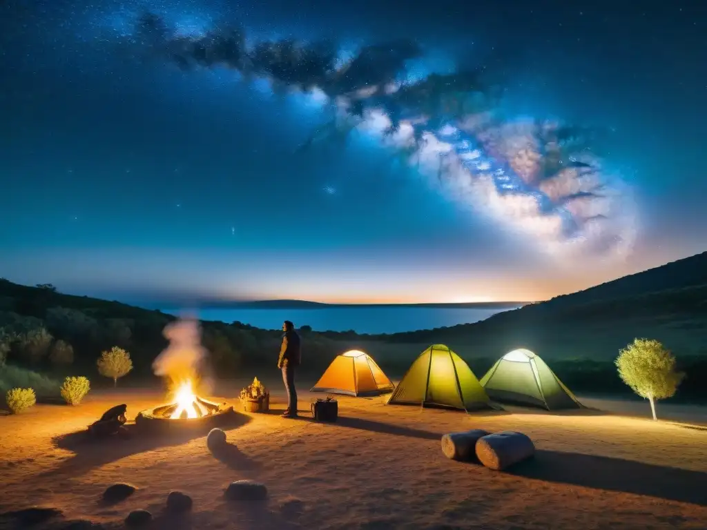 Campamento estrellado en Uruguay: noche mágica bajo la Vía Láctea Escena mágica de campamento en Uruguay de noche, con fotógrafos capturando la belleza de la noche estrellada