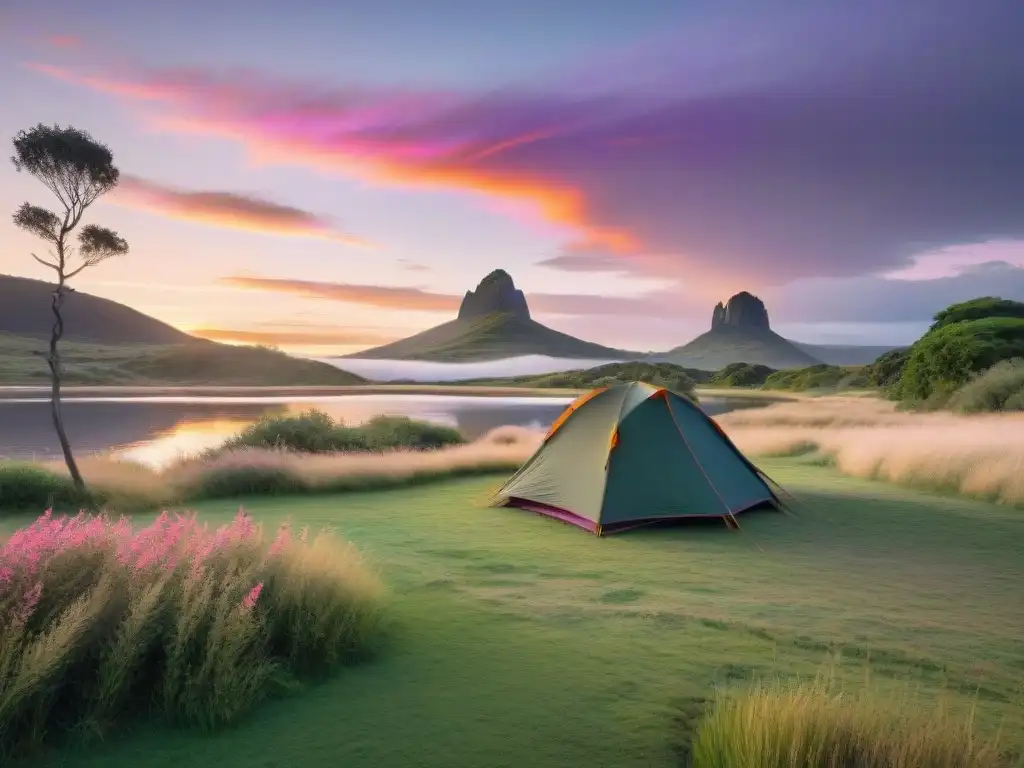 Campamento mágico al amanecer en Uruguay Escena mágica de un camping en Uruguay al amanecer, con colores vibrantes en el cielo y la naturaleza