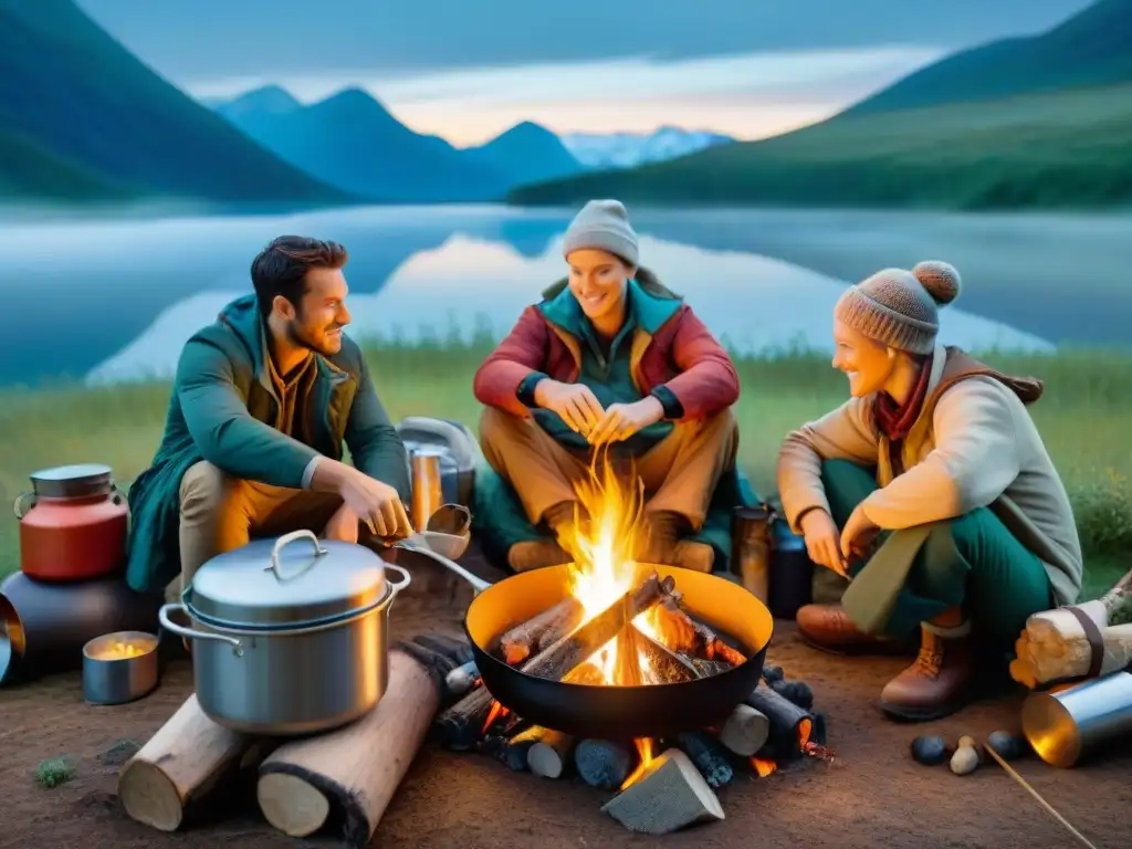 Una escena mágica de fogata con campistas y ollas de sopas bajo las estrellas