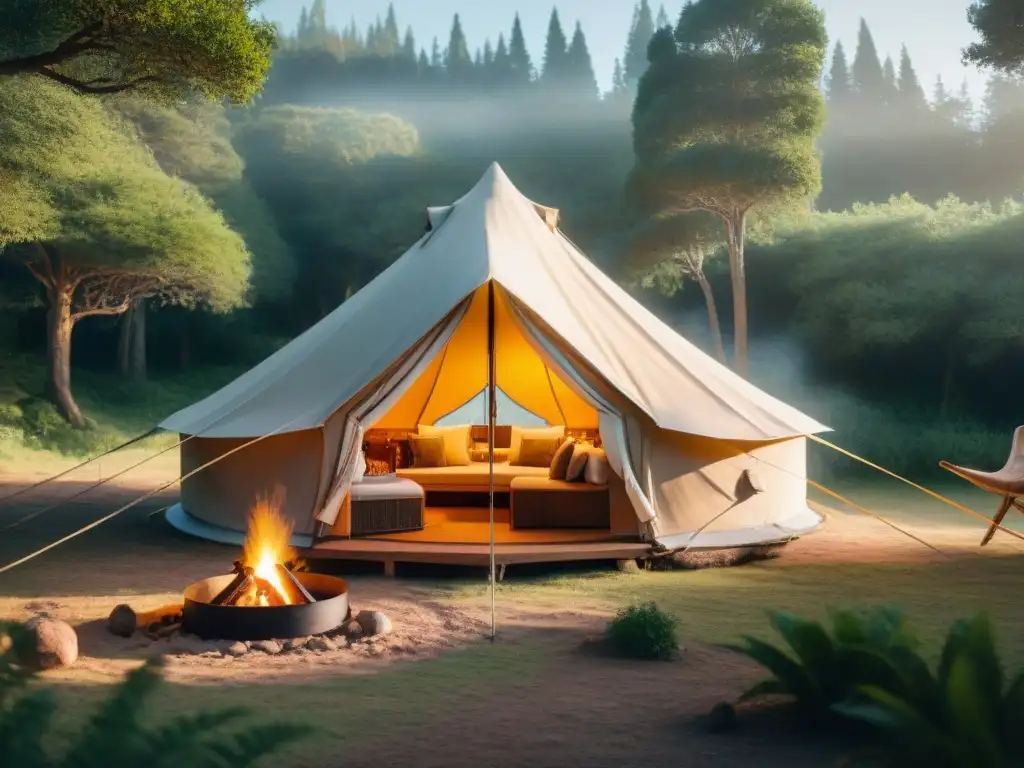 Tienda de glamping iluminada en bosque uruguayo Escena mágica de glamping en Uruguay con niños: tienda acogedora iluminada en un bosque sereno al atardecer