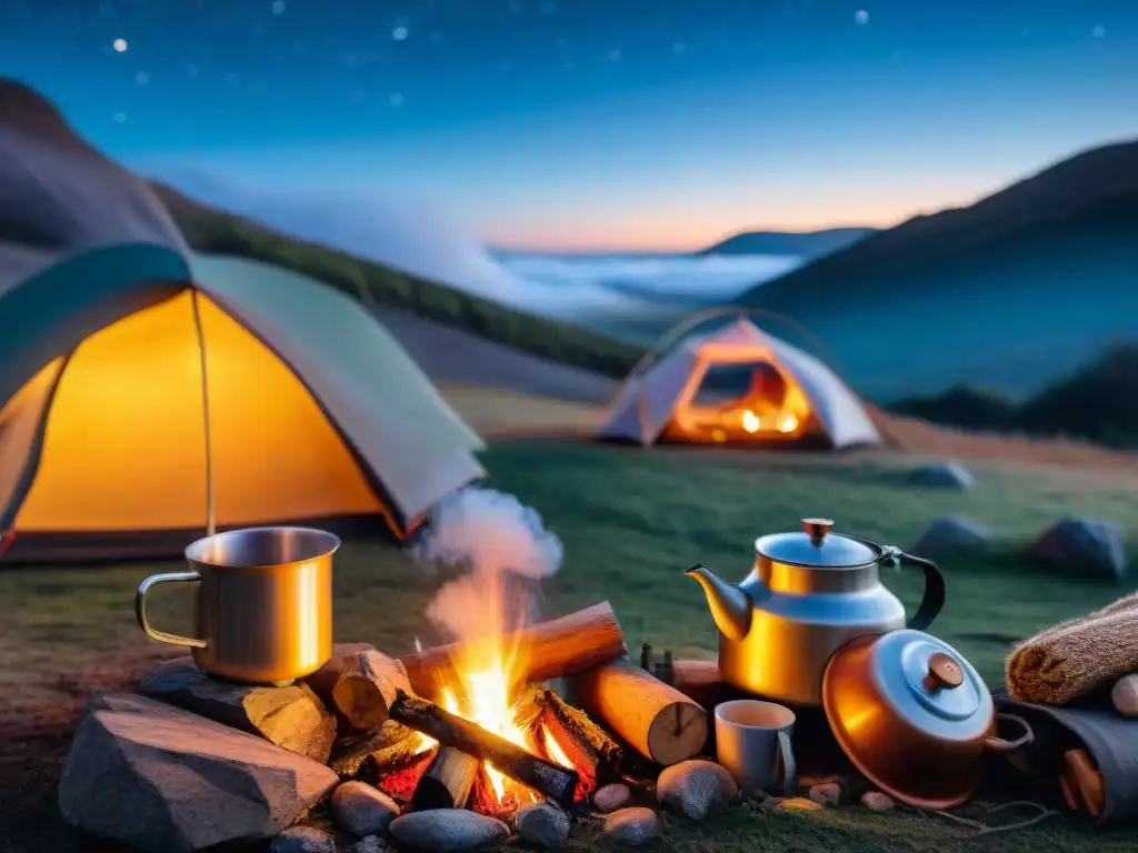 Campamento nocturno en Uruguay: fogata, estrellas y té caliente Escena nocturna en un campamento sereno en Uruguay, con fogata y hervidor de bebidas calientes, perfecta para noches de camping