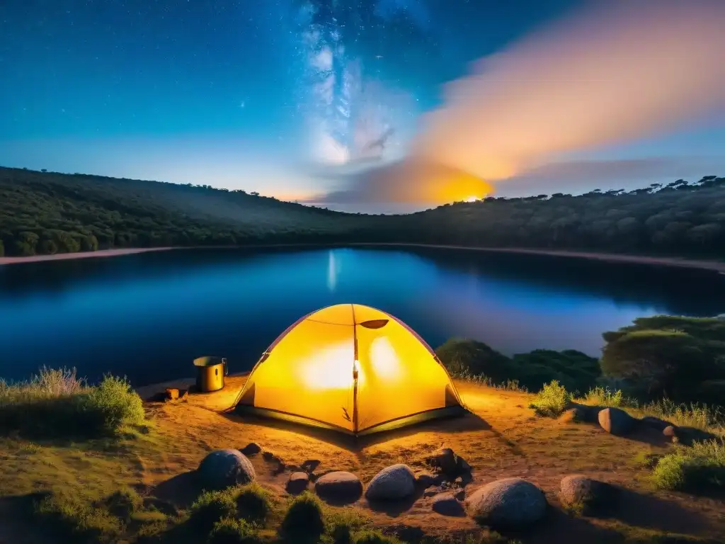 Campamento solitario en Uruguay: tienda bajo las estrellas Escena nocturna de campamento solitario en Uruguay con tienda bajo árboles, fogata y estrellas sobre lago