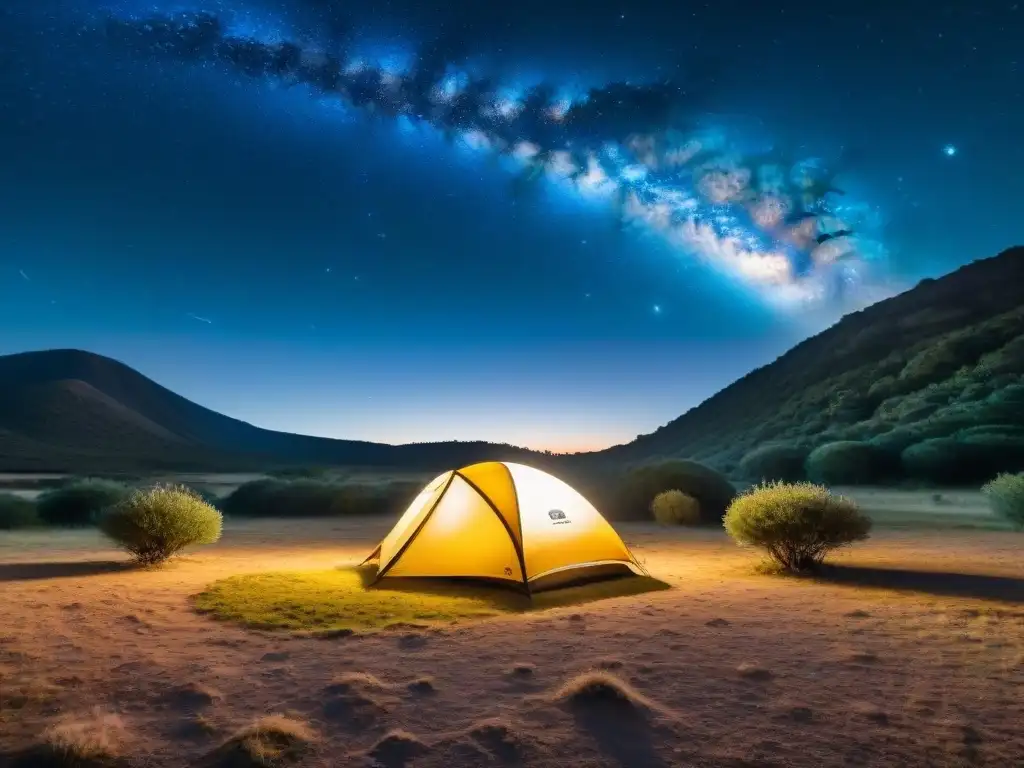 Noche estrellada en Uruguay: camping bajo la Vía Láctea Escena nocturna estrellada en Uruguay con saco de dormir iluminado