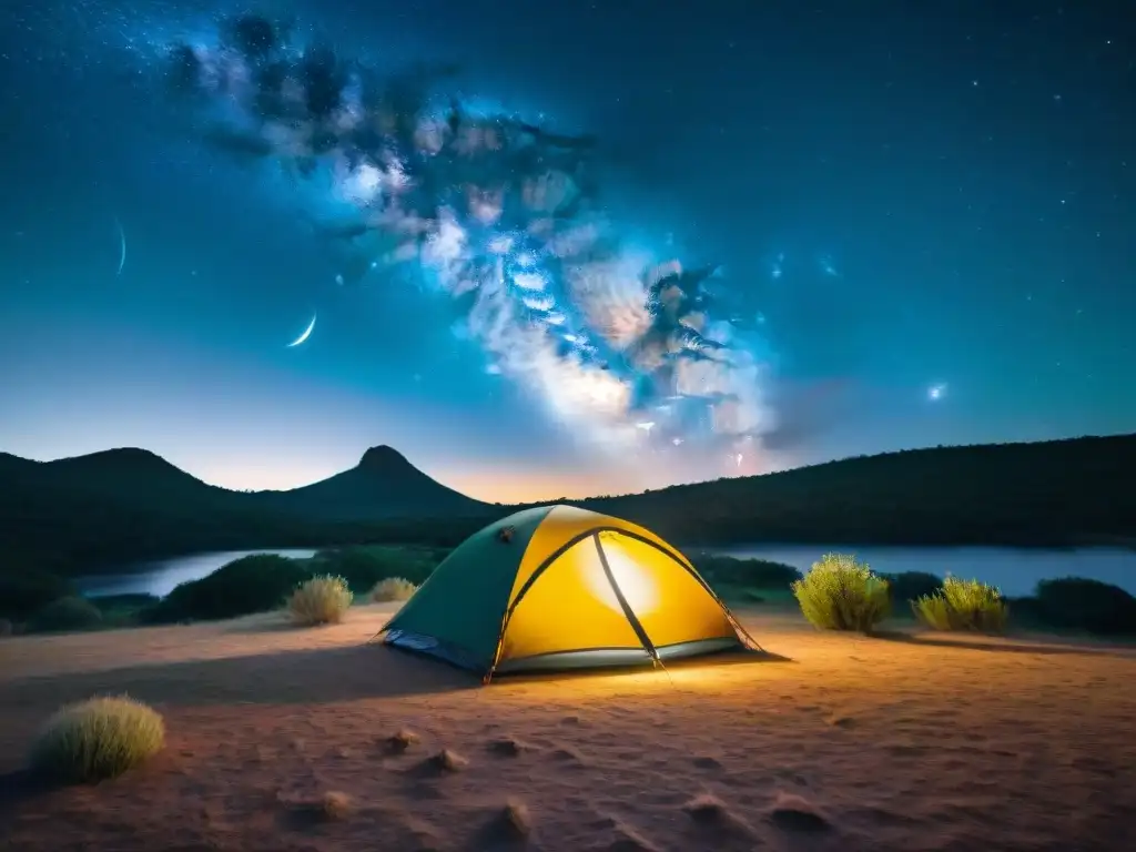 Escenario mágico: noche estrellada en Uruguay para acampar Escena nocturna en Uruguay con mejores sacos dormir camping, tienda iluminada y cielo estrellado