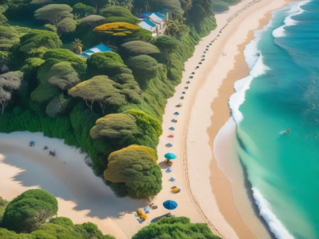 Paraíso tropical en Uruguay: playa de arena dorada y aguas cristalinas Escena paradisíaca en la playa de Uruguay con equipo de camping para playas, sol, mar turquesa y palmeras verdes
