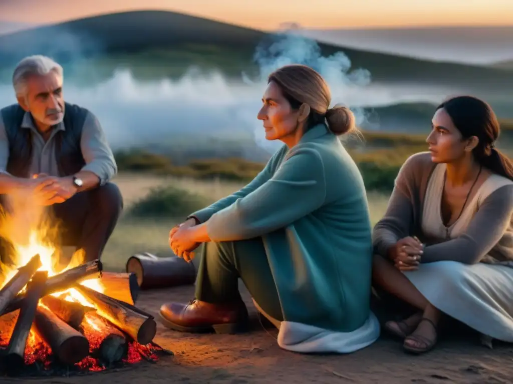 Apoyo y calidez en Uruguay: escena reconfortante alrededor de la fogata Escena reconfortante de primeros auxilios psicológicos en camping Uruguay alrededor de fogata