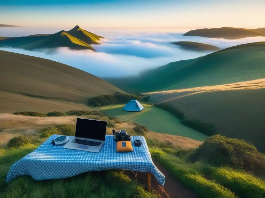 Camping remoto en Uruguay: oasis tecnológico en la naturaleza Una escena remota en Uruguay: tienda de campaña en paisaje verde, laptop y WiFi