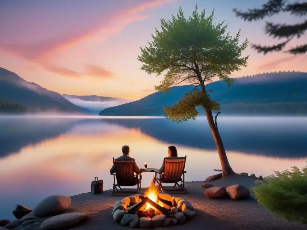 Romance al atardecer junto al lago: amor en la naturaleza Escena romántica en camping Uruguay: pareja disfruta de atardecer en lago con fogata y guitarra junto a sillas de camping