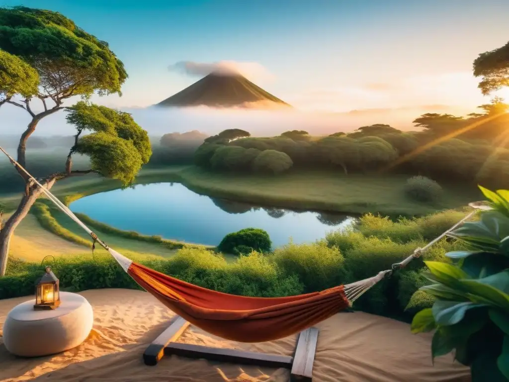 Espectacular atardecer en glamping de lujo en Uruguay Escena romántica de glamping para parejas en Uruguay: tienda de lona iluminada al atardecer junto a un lago sereno