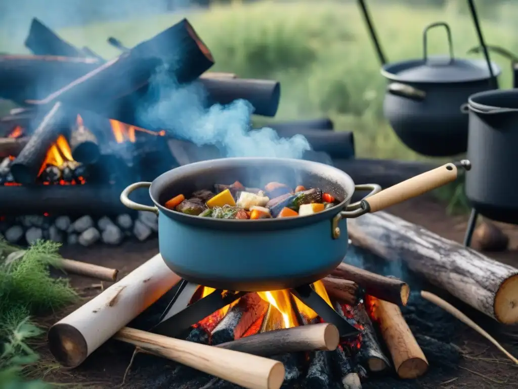 Escena rústica de fogata en Uruguay con un guiso tradicional uruguayo