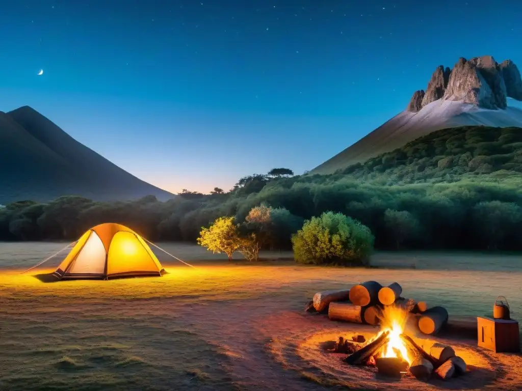 Campamento sereno en la naturaleza de Uruguay al anochecer Escena serena de acampada en la naturaleza uruguaya al anochecer, con consejos de supervivencia en Uruguay