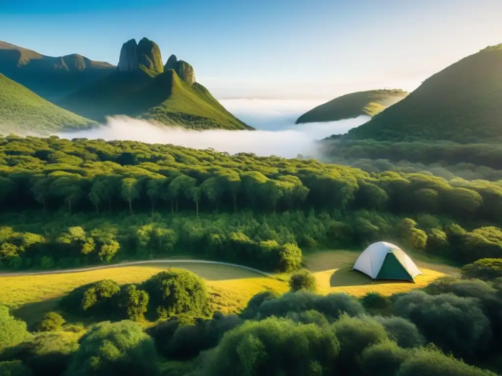 Campamento sereno en Uruguay: naturaleza exuberante Escena serena de acampar en Uruguay, con un bosque verde, río y carpa