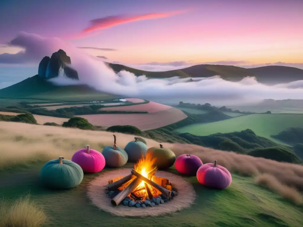 Campamento sereno al amanecer en Uruguay Escena serena: campamento en las colinas de Uruguay al amanecer con gauchos